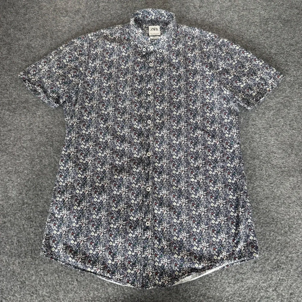 Zara Man Slim Fit Floral AOP Short Sleeve Button‎ Down Shirt Blue Large Mens